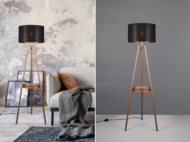 Reality Leuchten Tripod Stehleuchte COLETTE Mit Stoffschirm In Schwarz/Gold & Ablagetisch H 152cm 3 Reality Leuchten Tripod Stehleuchte COLETTE Mit Stoffschirm In Schwarz/Gold & Ablagetisch H 152cm