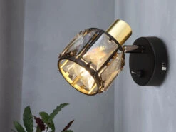 Globo Wandstrahler INDIANA Mit Schalter Und Glaskristallen Schwarz Gold, Höhe 12,5cm